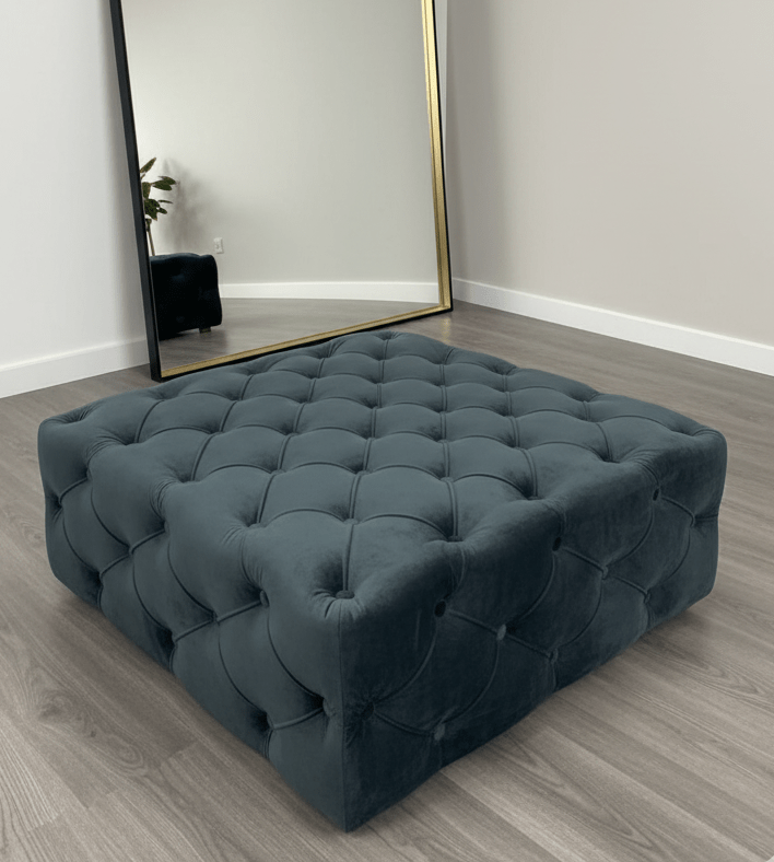 Large Black Square Coffee Table | Black Velvet Chesterfield Pouffe & Coffee Table - ISTOOLS