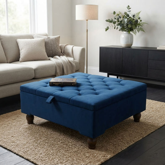 Large Blue Velvet Ottoman Storage Coffee Table – Square Footstool Bench - ISTOOLS