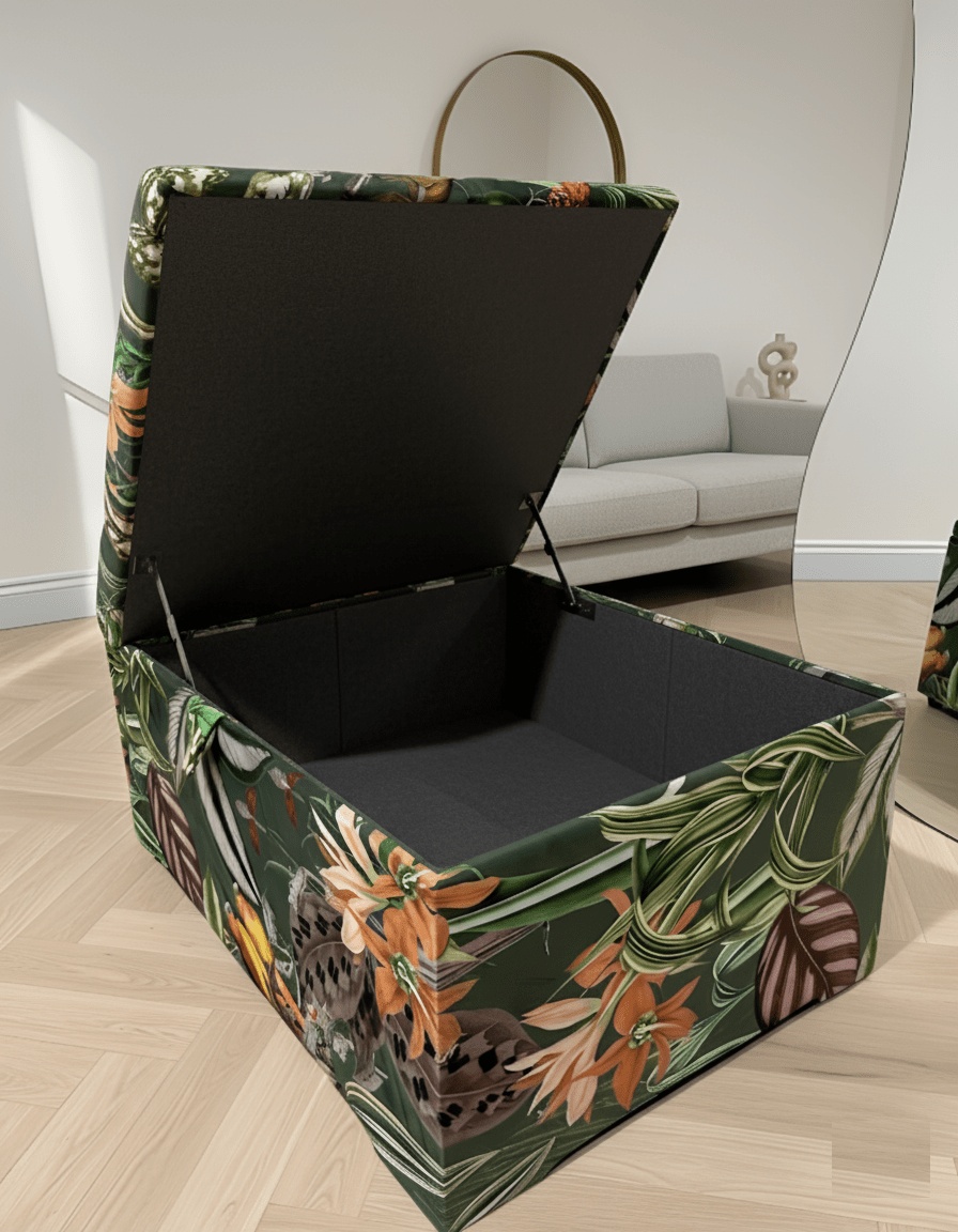 Large Green Floral Large Square Ottoman Storage | Patterned velvet Coffee Table - ISTOOLS