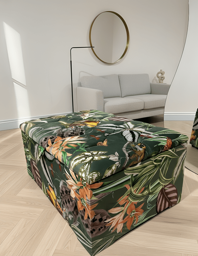 Large Green Floral Large Square Ottoman Storage | Patterned velvet Coffee Table - ISTOOLS