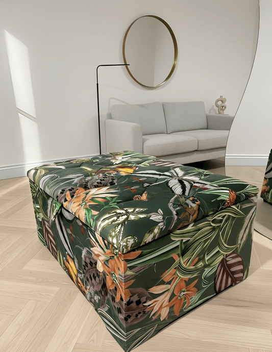 Large Green Floral Large Square Ottoman Storage | Patterned velvet Coffee Table - ISTOOLS