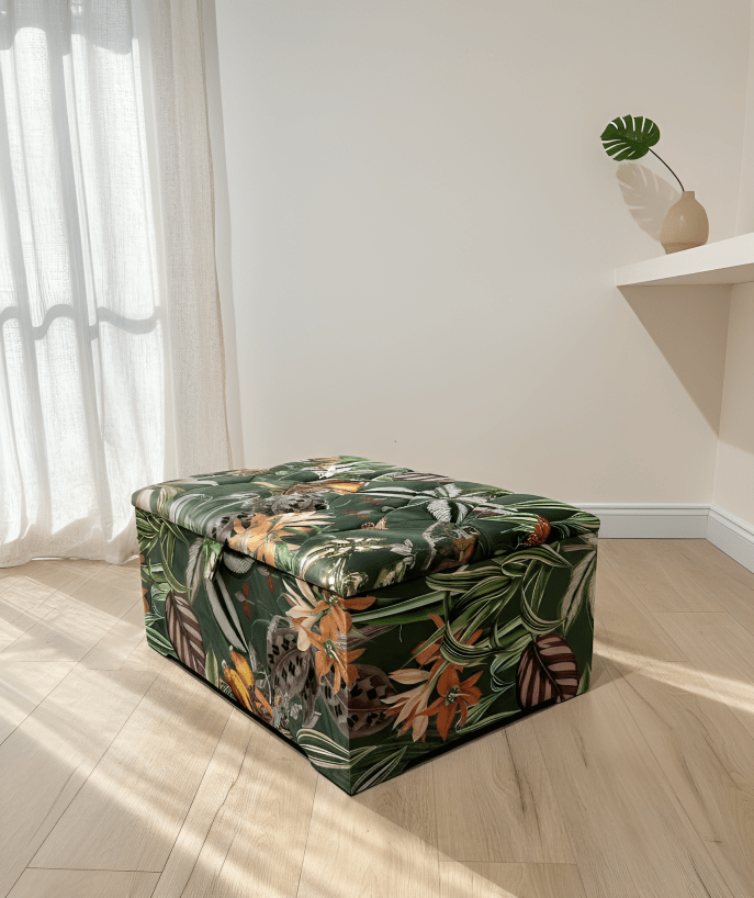 Large Green Floral Large Square Ottoman Storage | Patterned velvet Coffee Table - ISTOOLS