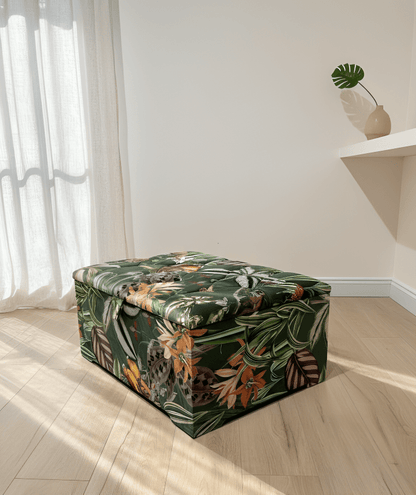 Large Green Floral Large Square Ottoman Storage | Patterned velvet Coffee Table - ISTOOLS