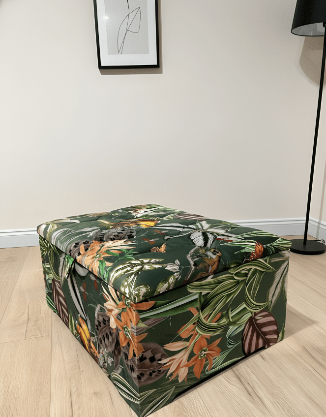 Large Green Floral Large Square Ottoman Storage | Patterned velvet Coffee Table - ISTOOLS