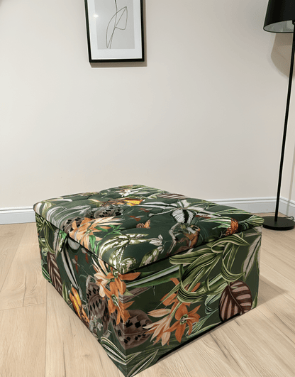 Large Green Floral Large Square Ottoman Storage | Patterned velvet Coffee Table - ISTOOLS