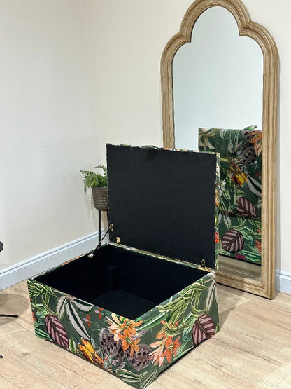 Large Green Floral Large Square Ottoman Storage | Patterned velvet Coffee Table - ISTOOLS