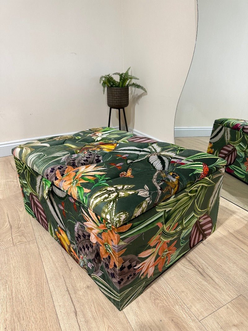 Large Green Floral Large Square Ottoman Storage | Patterned velvet Coffee Table - ISTOOLS