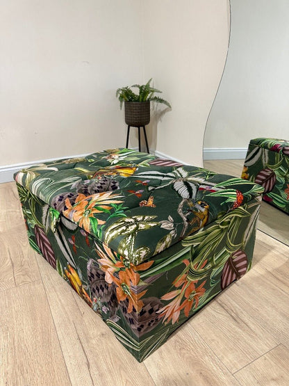 Large Green Floral Large Square Ottoman Storage | Patterned velvet Coffee Table - ISTOOLS