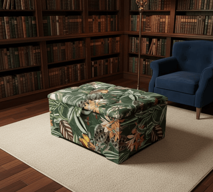 Large Green Floral Large Square Ottoman Storage | Patterned velvet Coffee Table - ISTOOLS