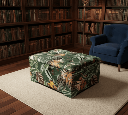 Large Green Floral Large Square Ottoman Storage | Patterned velvet Coffee Table - ISTOOLS