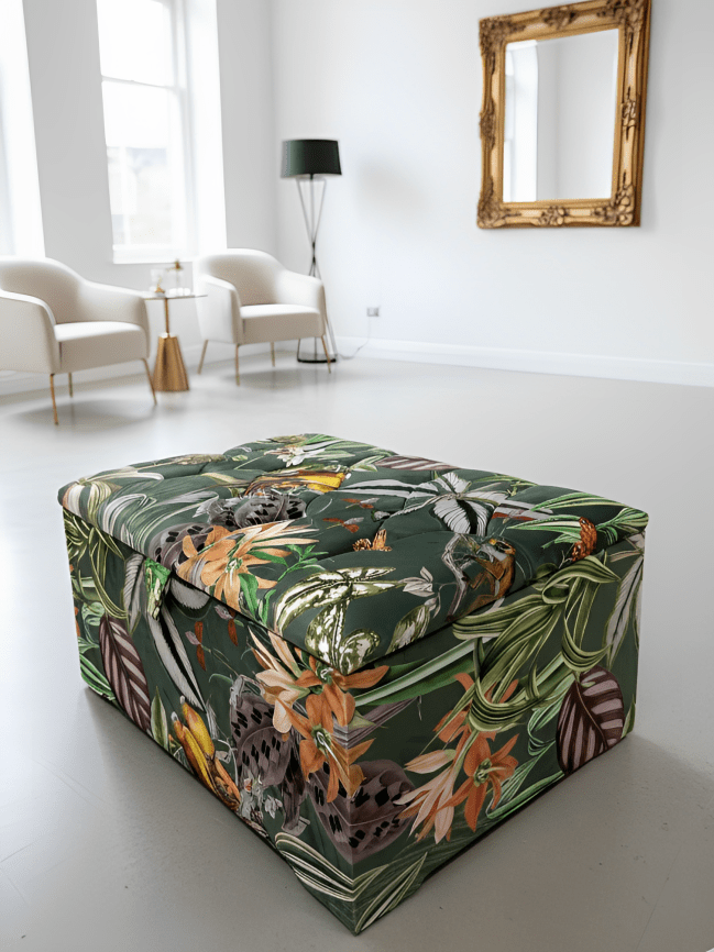 Large Green Floral Large Square Ottoman Storage | Patterned velvet Coffee Table - ISTOOLS