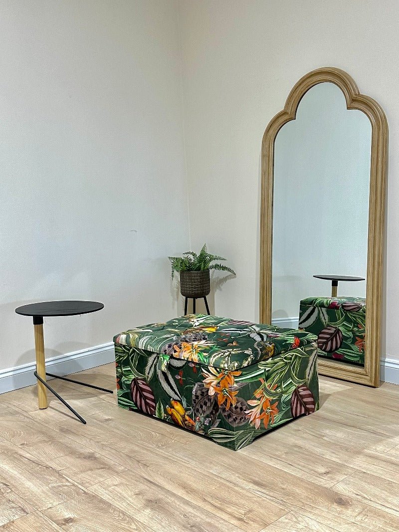 Large Green Floral Large Square Ottoman Storage | Patterned velvet Coffee Table - ISTOOLS