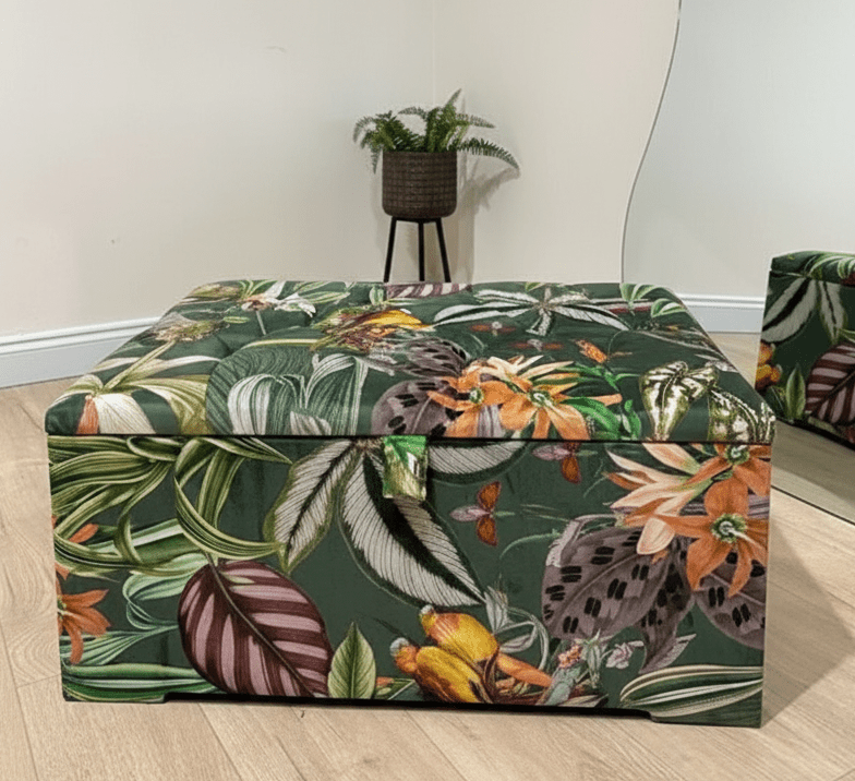 Large Green Floral Large Square Ottoman Storage | Patterned velvet Coffee Table - ISTOOLS