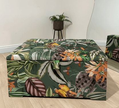 Large Green Floral Large Square Ottoman Storage | Patterned velvet Coffee Table - ISTOOLS