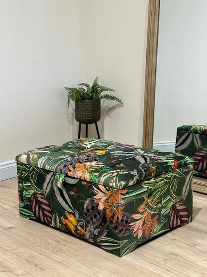 Large Green Floral Large Square Ottoman Storage | Patterned velvet Coffee Table - ISTOOLS