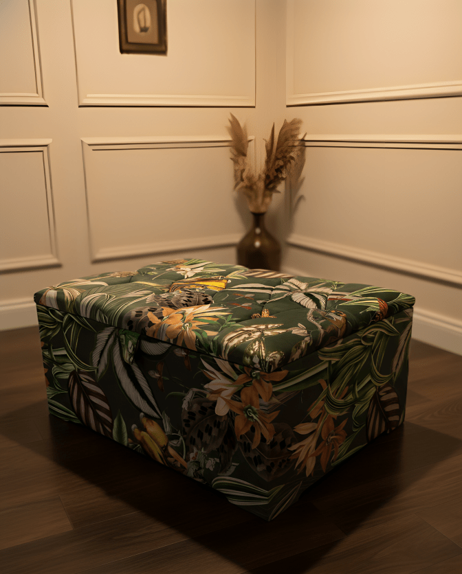 Large Green Floral Large Square Ottoman Storage | Patterned velvet Coffee Table - ISTOOLS