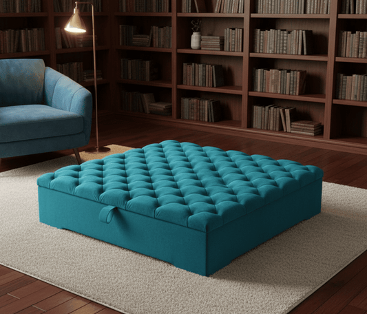 Large teal Chesterfield storage coffee table – top view- ISTOOLS