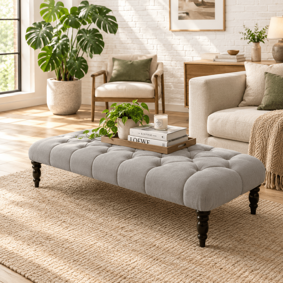 Light Grey Chesterfield Footstool Coffee Table – Upholstered Ottoman UK - ISTOOLS