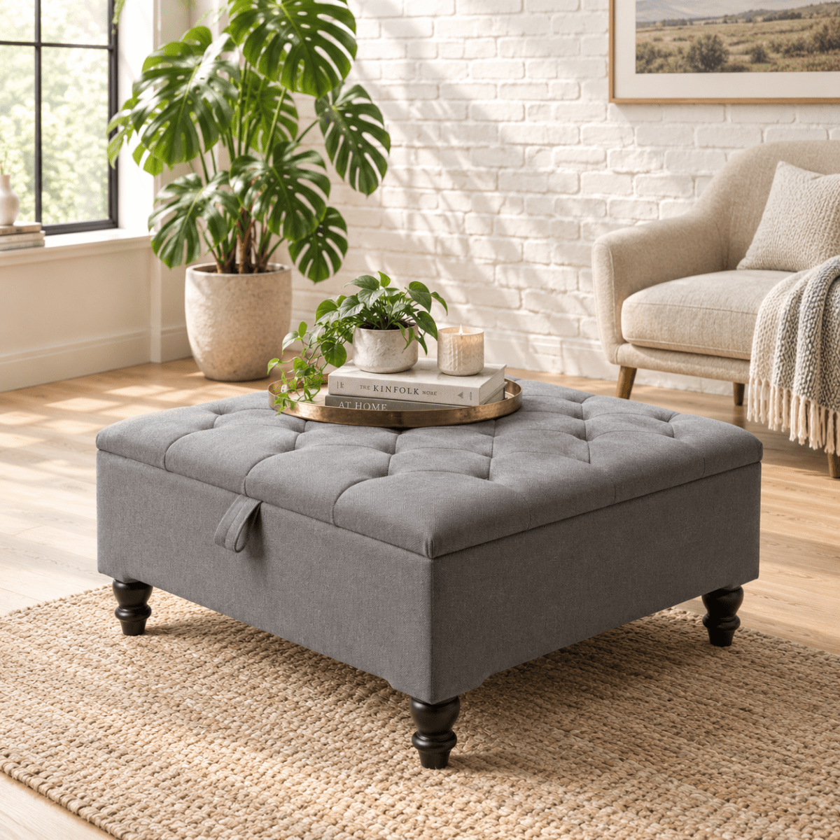 Light Grey Storage Ottoman – Velvet Bench with Hidden Storage for Living Room & Bedroom