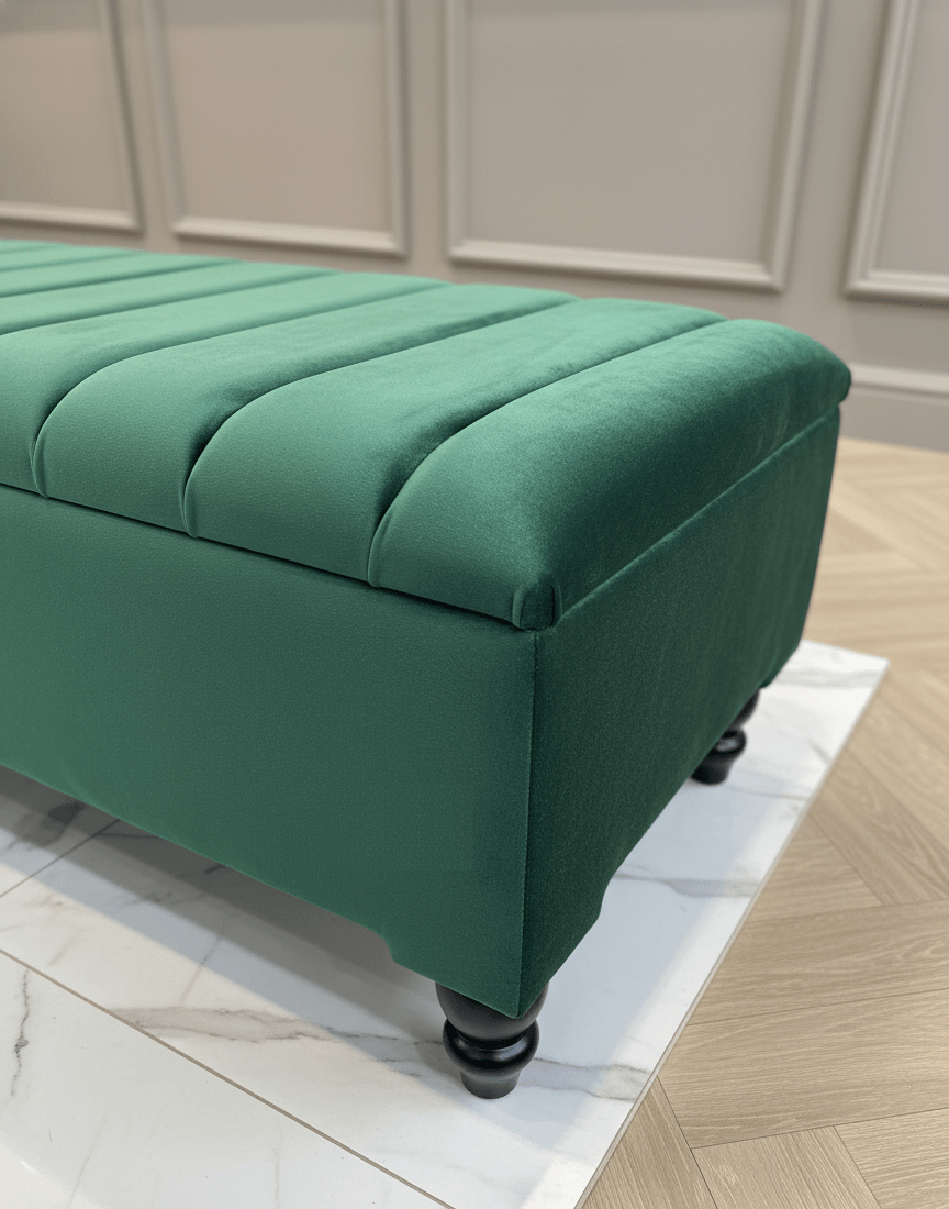 Upholstered green velvet ottoman with soft cushioned top - ISTOOLS