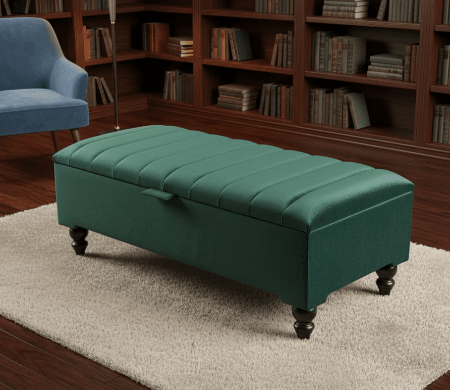 Luxury green velvet pouffe footstool with internal storage compartment - ISTOOLS