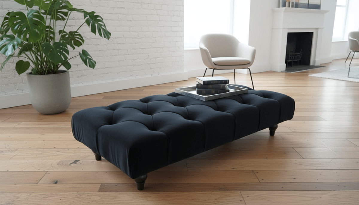 Luxury Chesterfield Velvet Footstool Bench – Black Pouffe Ottoman Footrest - ISTOOLS