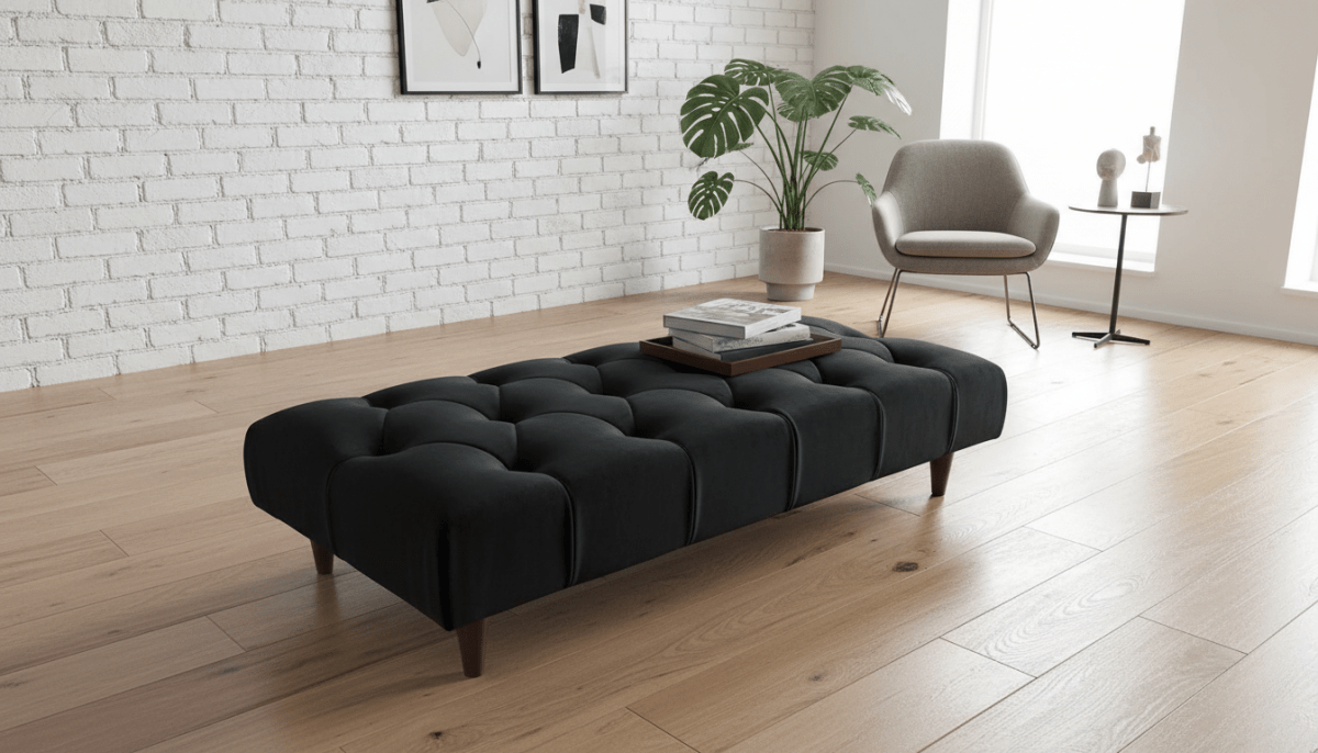 Luxury Chesterfield Velvet Footstool Bench – Black Pouffe Ottoman Footrest - ISTOOLS