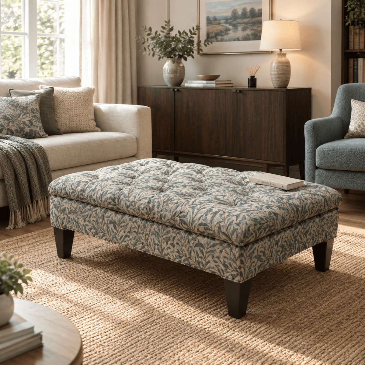 Luxury Deep Buttoned Centrepiece Footstool Vibrant Art Style - ISTOOLS