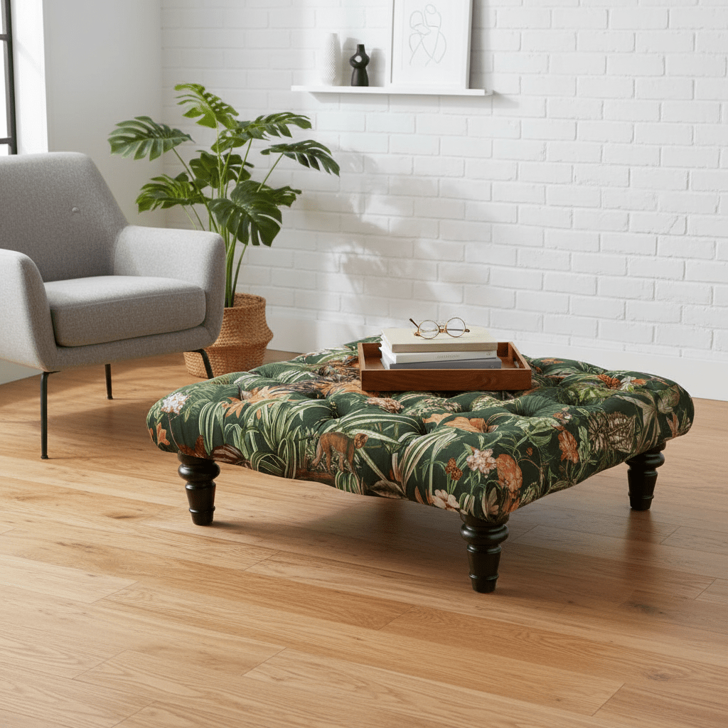 Luxury Deep - Buttoned Square Pouffe with Nature - Inspired Pattern non - storage - ISTOOLS