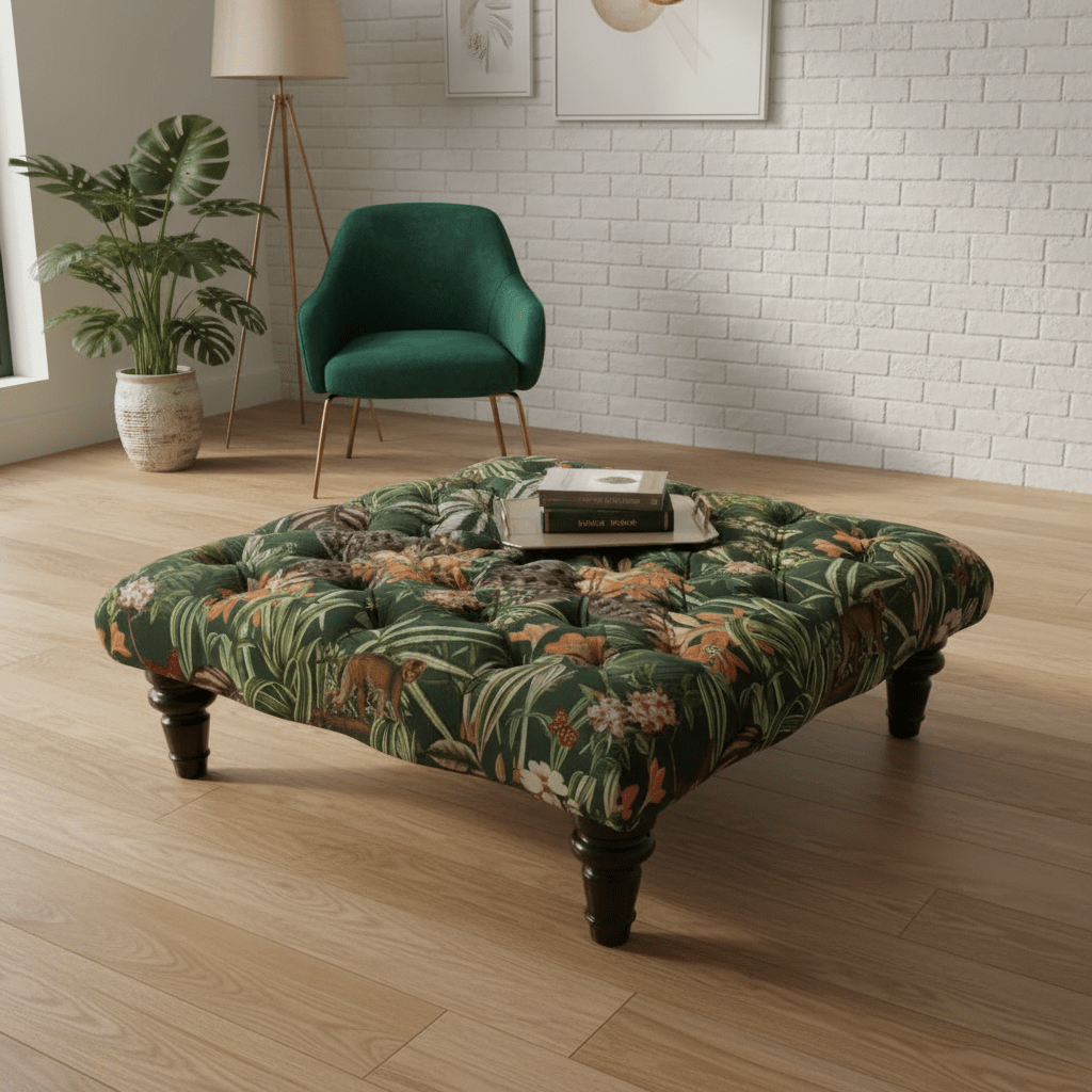 Luxury Deep - Buttoned Square Pouffe with Nature - Inspired Pattern non - storage - ISTOOLS