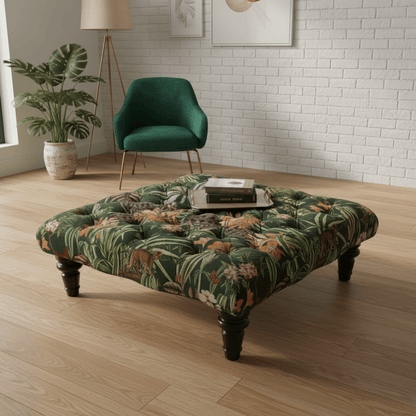 Luxury Deep - Buttoned Square Pouffe with Nature - Inspired Pattern non - storage - ISTOOLS