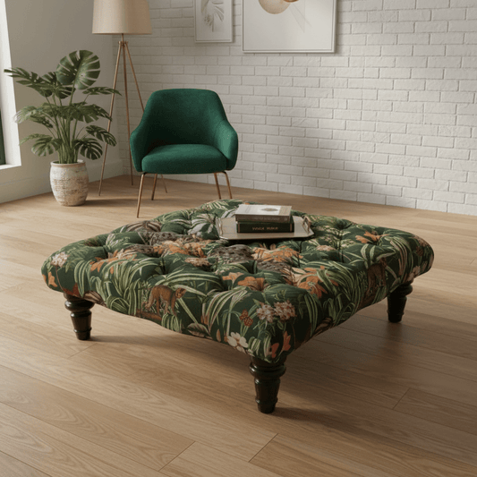 Luxury Deep - Buttoned Square Pouffe with Nature - Inspired Pattern non - storage - ISTOOLS