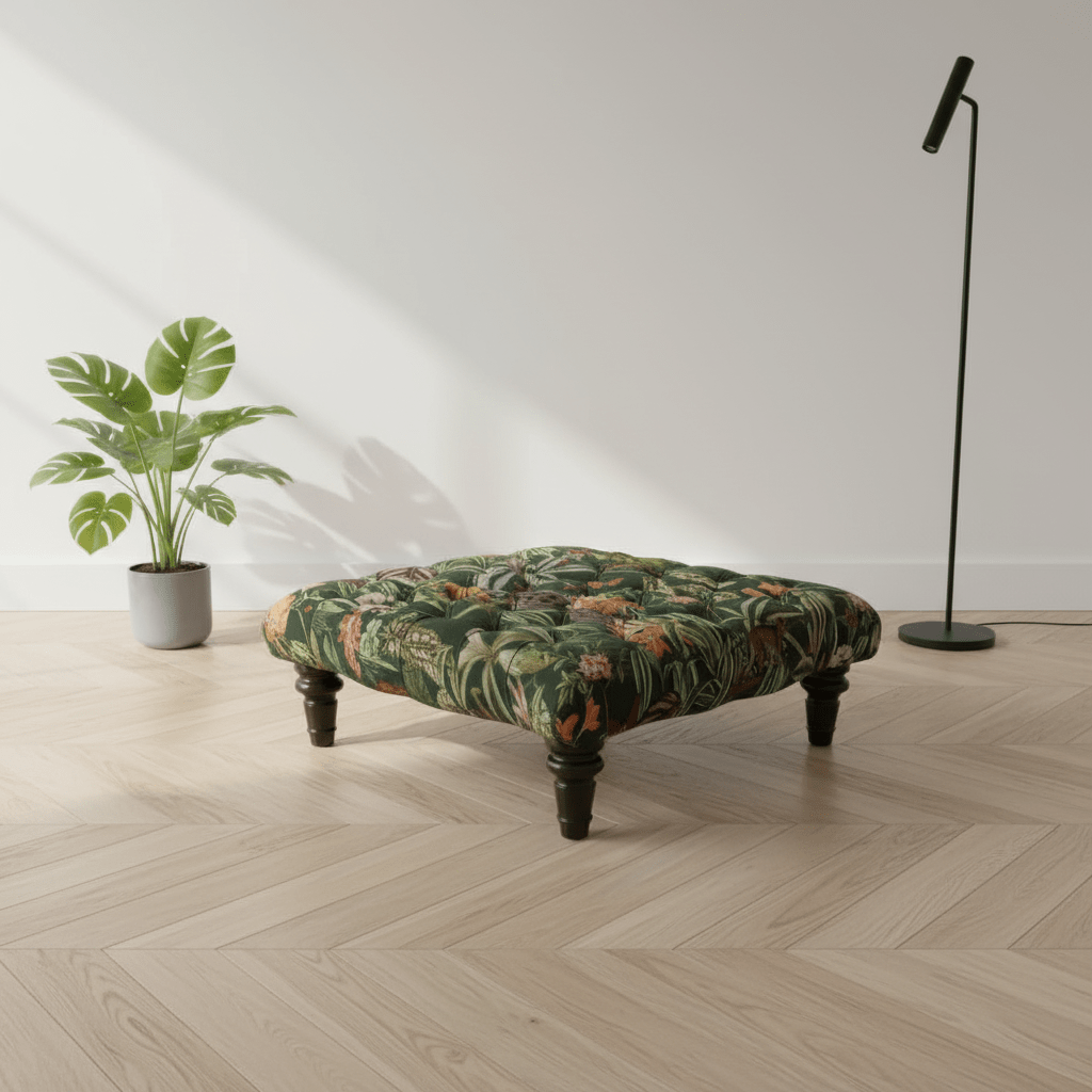 Luxury Deep - Buttoned Square Pouffe with Nature - Inspired Pattern non - storage - ISTOOLS