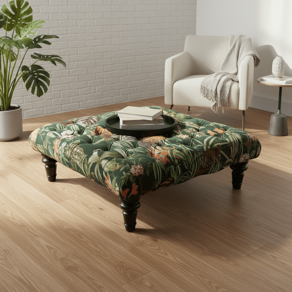 Luxury Deep - Buttoned Square Pouffe with Nature - Inspired Pattern non - storage - ISTOOLS