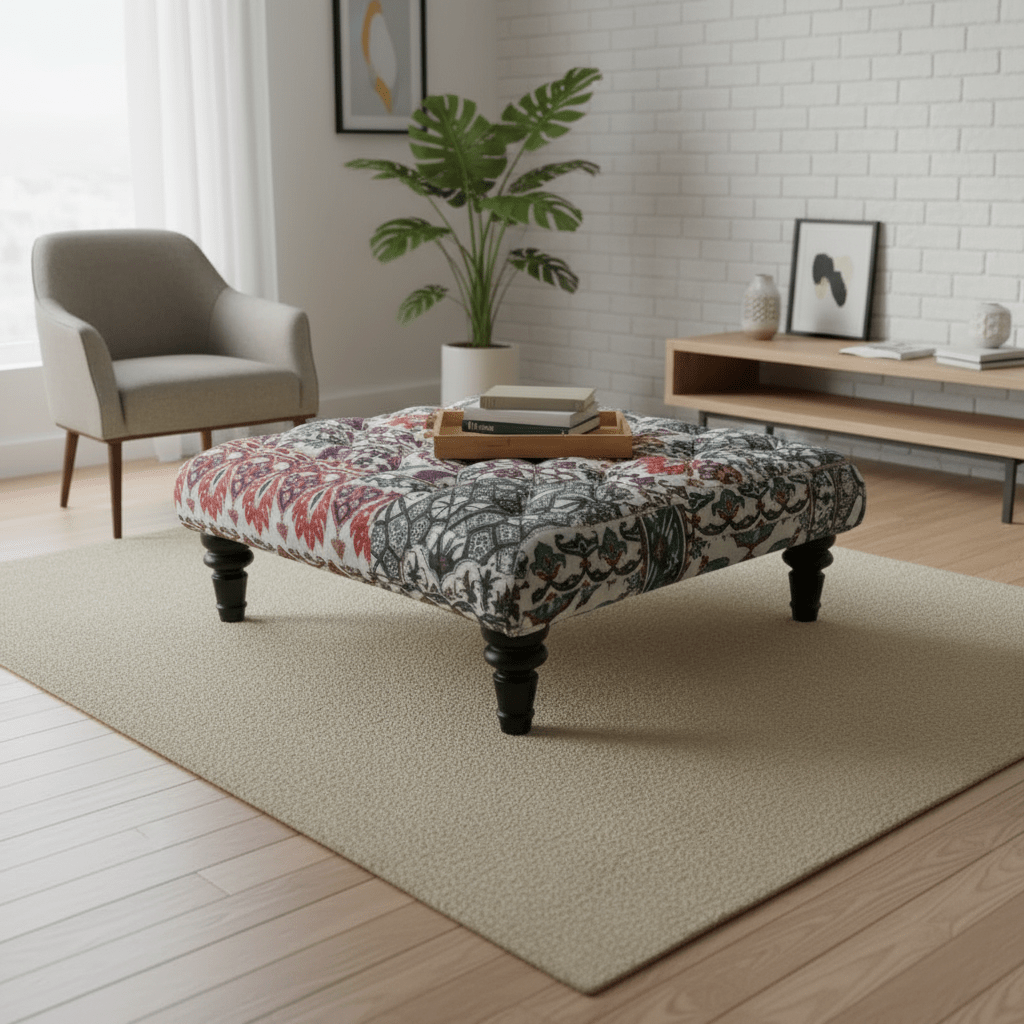 Luxury Designer Pattern Buttoned Square Ottoman Handcrafted - ISTOOLS