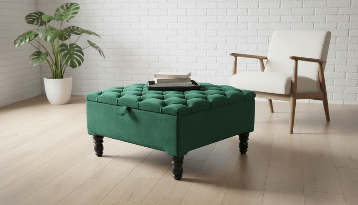 Luxury Green Square Ottoman Storage Bench – Multifunctional Coffee Table & Hidden Storage - ISTOOLS