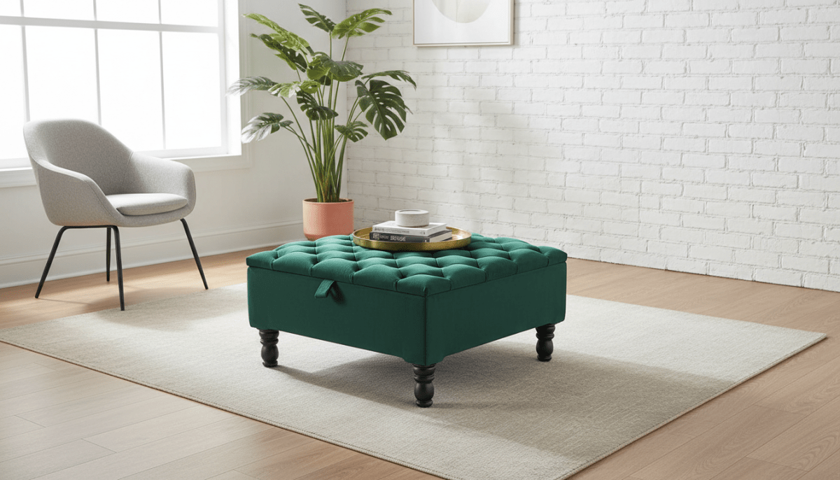 Luxury Green Square Ottoman Storage Bench – Multifunctional Coffee Table & Hidden Storage - ISTOOLS