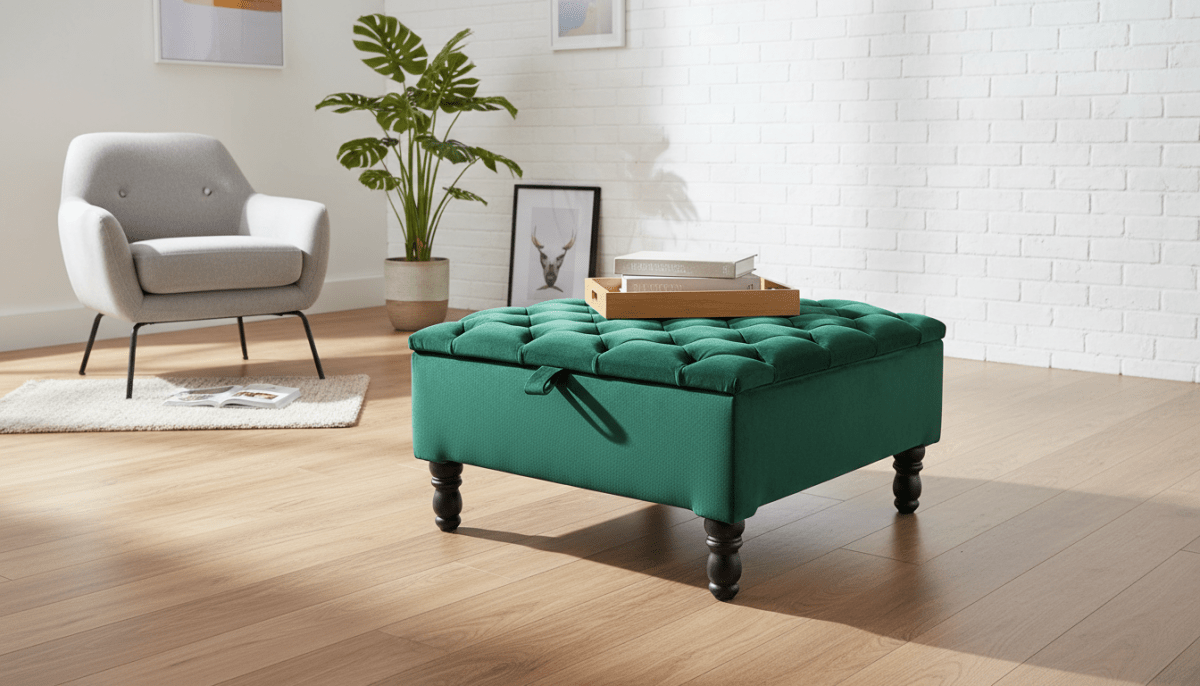 Luxury Green Square Ottoman Storage Bench – Multifunctional Coffee Table & Hidden Storage - ISTOOLS