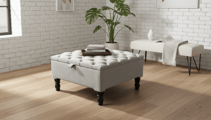 Luxury Light Grey Square Ottoman Storage Bench – Multifunctional Coffee Table & Hidden Storage - ISTOOLS