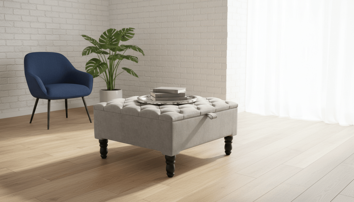 Luxury Light Grey Square Ottoman Storage Bench – Multifunctional Coffee Table & Hidden Storage - ISTOOLS