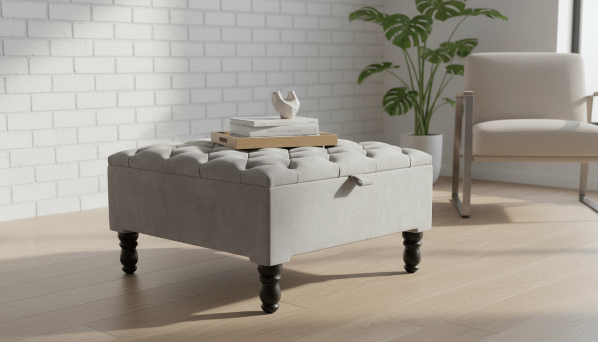 Luxury Light Grey Square Ottoman Storage Bench – Multifunctional Coffee Table & Hidden Storage - ISTOOLS