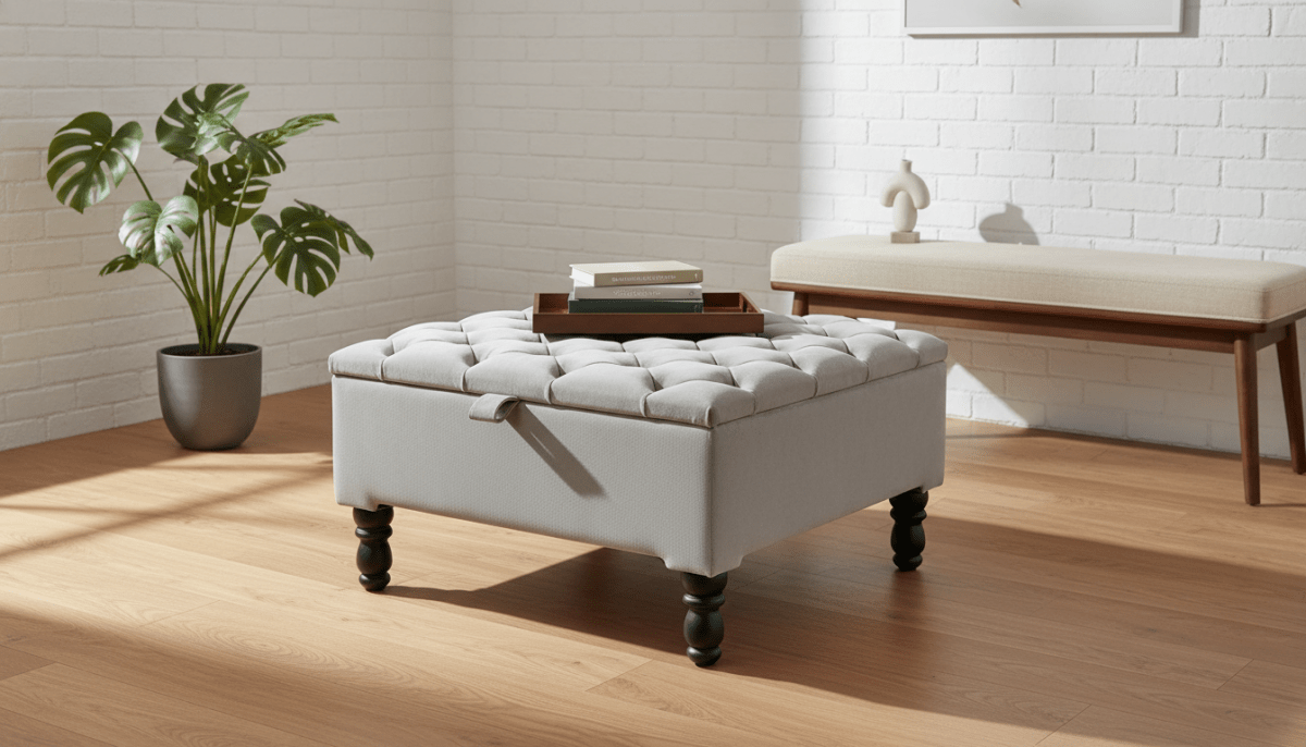 Luxury Light Grey Square Ottoman Storage Bench – Multifunctional Coffee Table & Hidden Storage - ISTOOLS