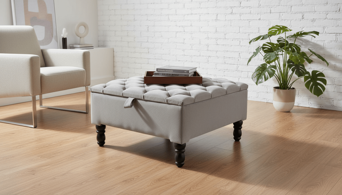 Luxury Light Grey Square Ottoman Storage Bench – Multifunctional Coffee Table & Hidden Storage - ISTOOLS