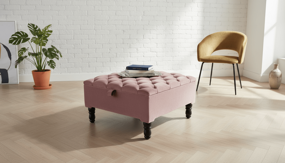 Luxury Pink Square Ottoman Storage Bench – Multifunctional Coffee Table & Hidden Storage - ISTOOLS