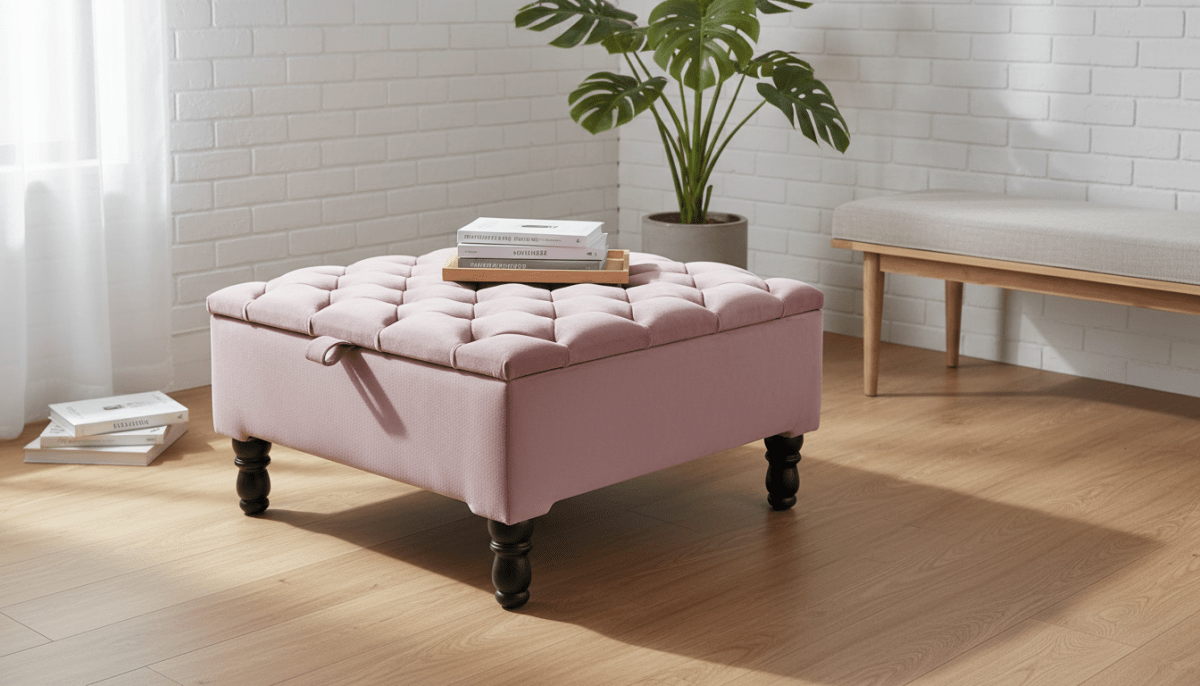 Luxury Pink Square Ottoman Storage Bench – Multifunctional Coffee Table & Hidden Storage - ISTOOLS
