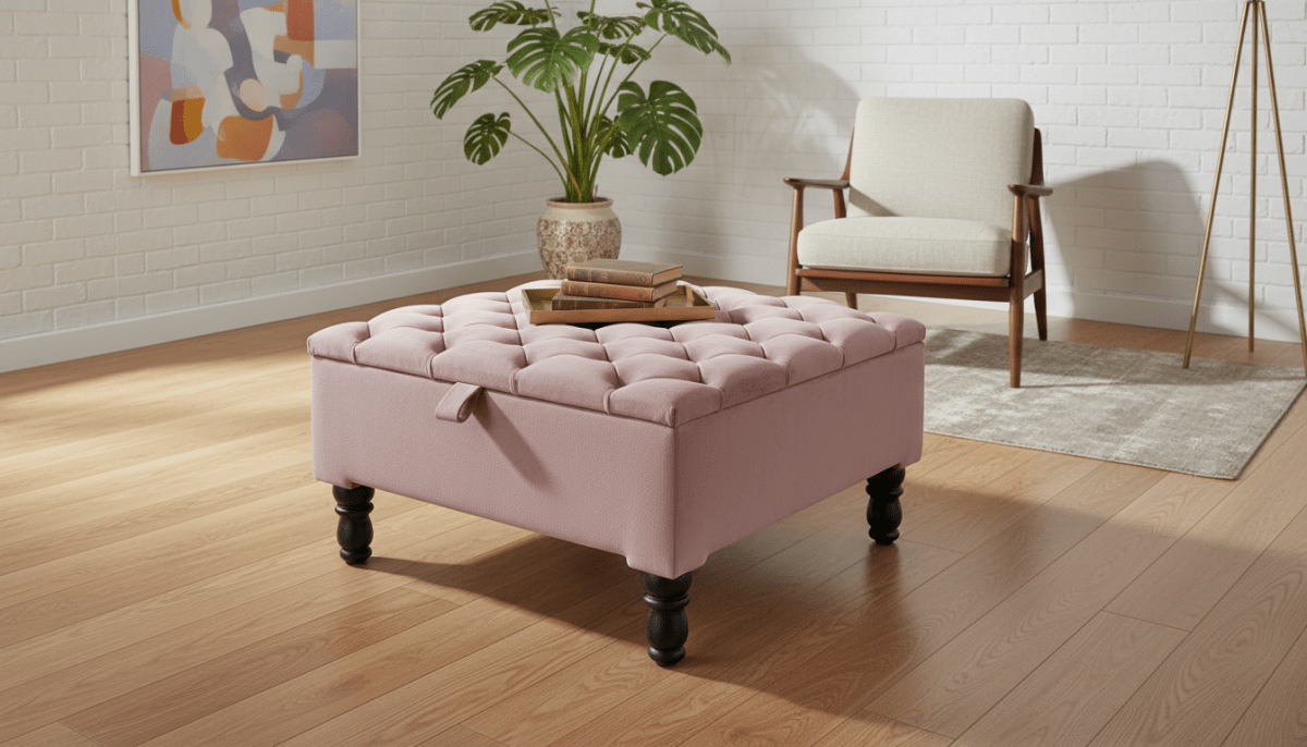 Luxury Pink Square Ottoman Storage Bench – Multifunctional Coffee Table & Hidden Storage - ISTOOLS