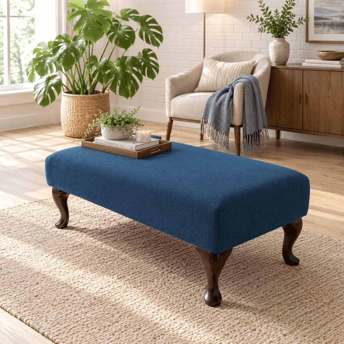 LUXURY PLAIN FABRIC FOOTSTOOL BESPOKE UPHOLSTERED OTTOMAN BENCH CUSTOM LIVING ROOM LOUNGE SEAT NON STORAGE COFFEE TABLE POUFFE - ISTOOLS