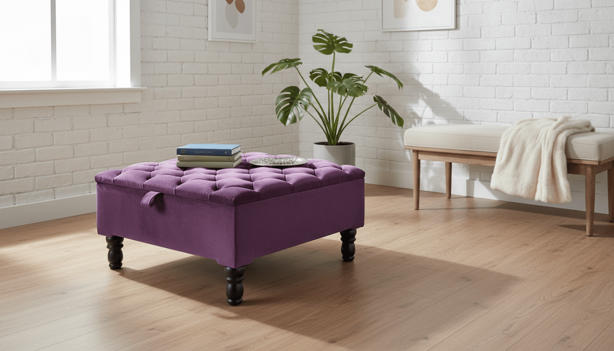 Luxury Purple Square Ottoman Storage Bench – Multifunctional Coffee Table & Hidden Storage - ISTOOLS