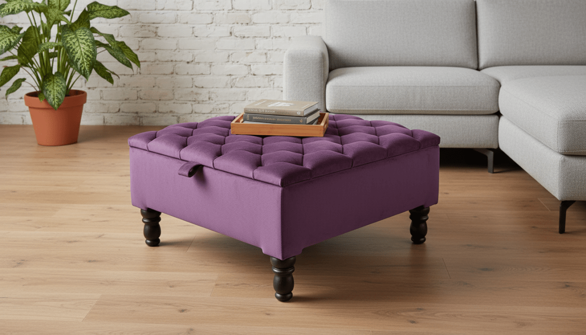 Luxury Purple Square Ottoman Storage Bench – Multifunctional Coffee Table & Hidden Storage - ISTOOLS