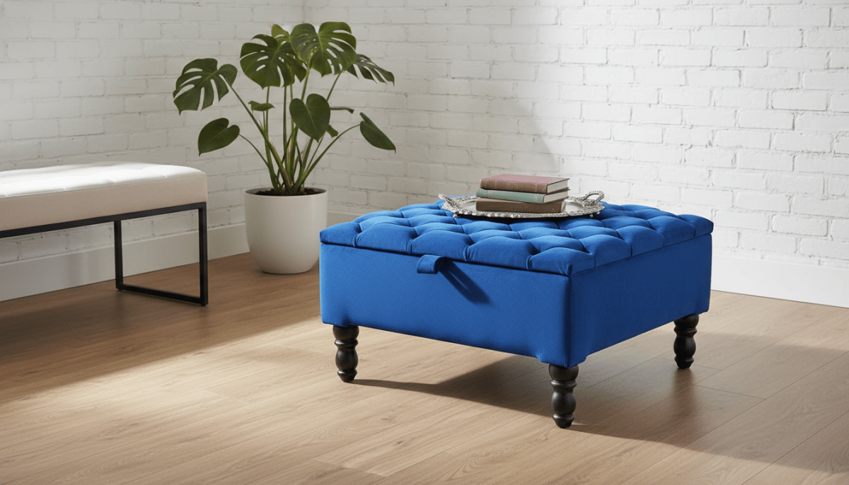 Luxury Royal Blue Square Ottoman Storage Bench – Multifunctional Coffee Table & Hidden Storage - ISTOOLS